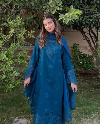 Pakistani boutique Femenite Luxury Cotton Stitched 3Pcs _ Deep Sea Blue 